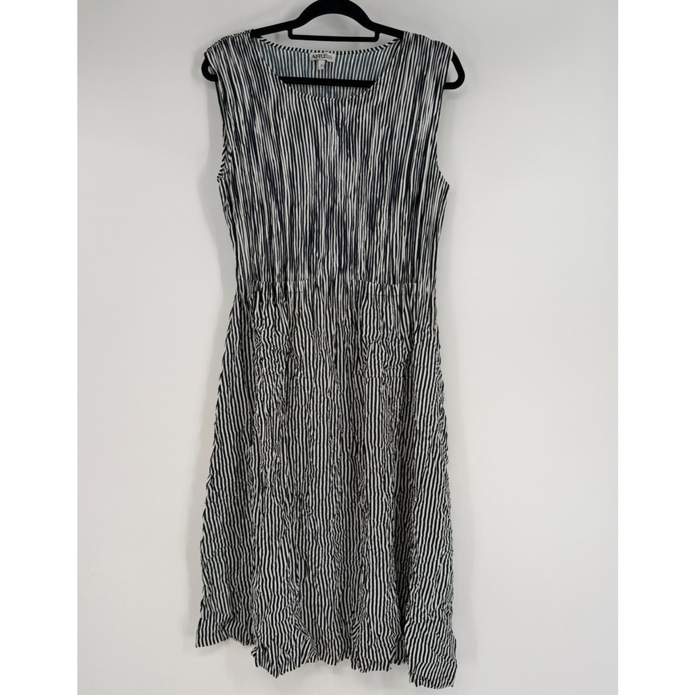 Alquema Pleated Striped Midi Dress Sz 2 (12-14) Black White Crinkle Sleeveless
